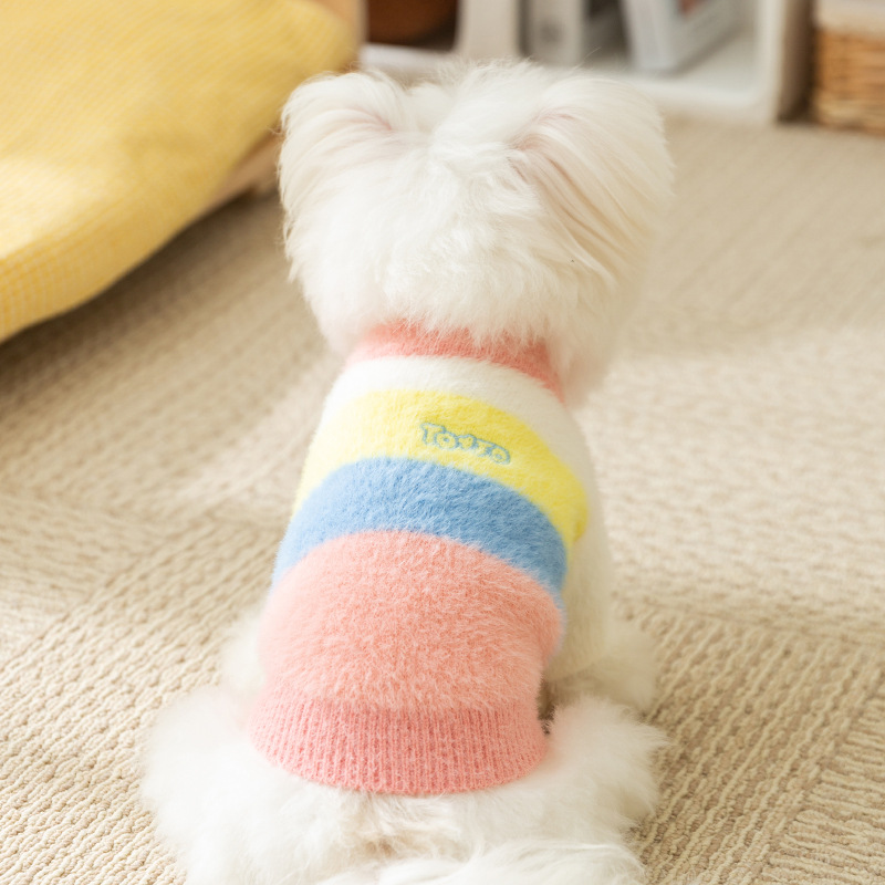 Autumn and Winter Dog Clothes Rainbow Striped Cardigan Thick Warm Sweater Teddy Bear Small Dog Pet Clothes