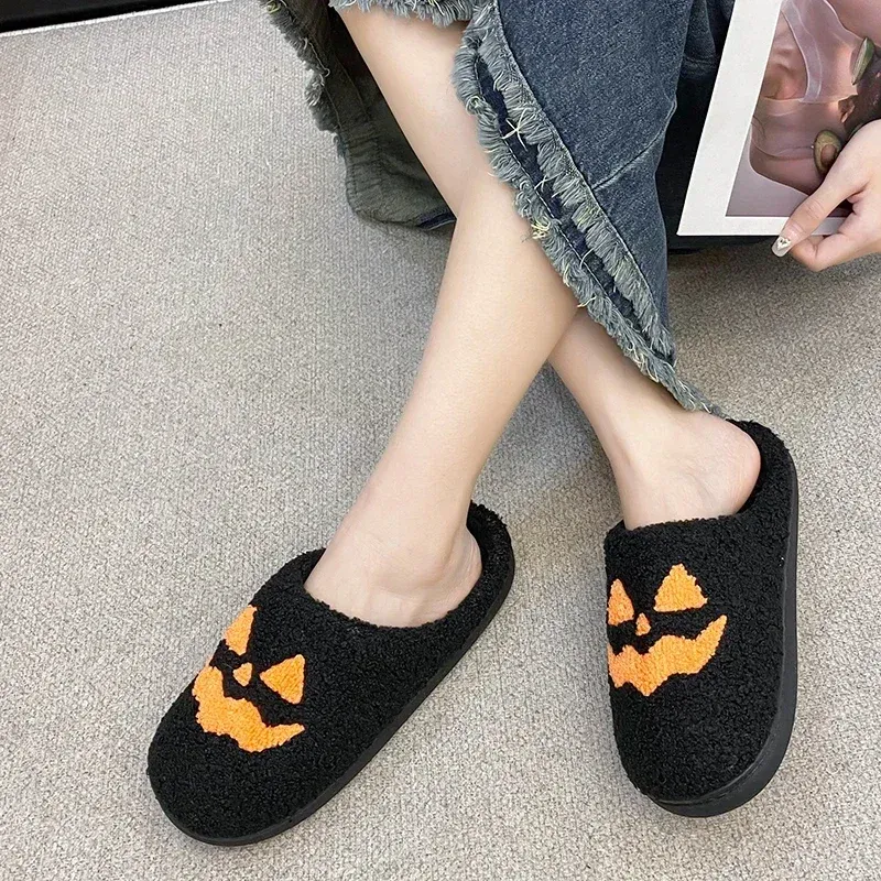 Smile Pumpkin Halloween Women's Slippers Winter Indoor Cartoon Comfort Home Bedroom Soft Causal Flat Plush Shoes for zhanyishengli