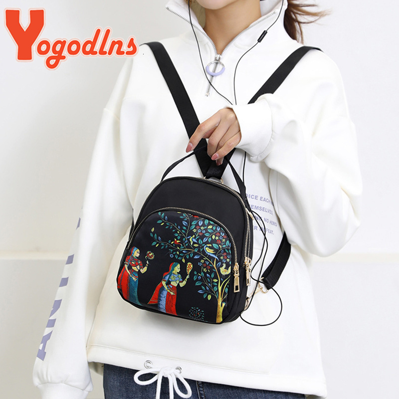 Ydlns Trendy New Nylon Backpack For Women Multifunction Shoulder Crossbody Bag Printing Waterproof Rucksack Travel Lady Pack