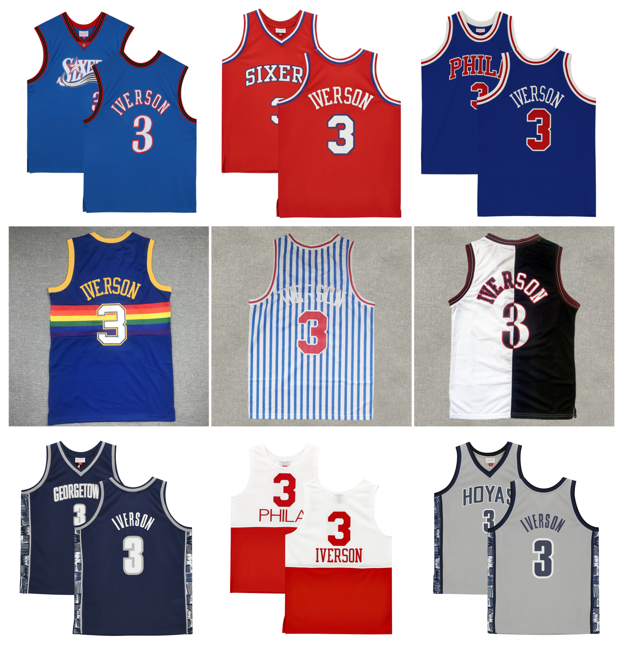 Allen Iverson Georgetown Hoyas 76er Throwback Jerseys Allen Iverson Sixer T-Shirt Red White Blue Grey Size S-XXL
