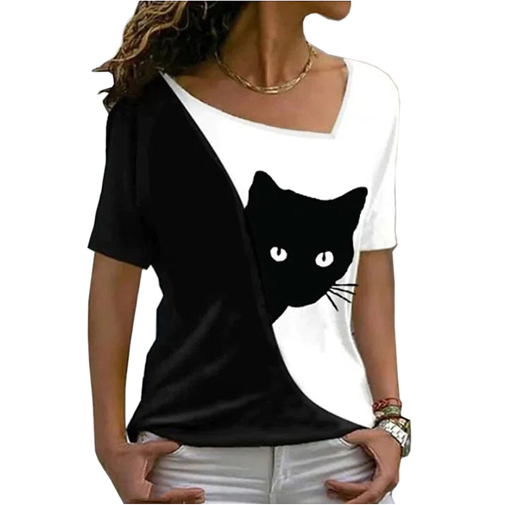 2025 summer women clothes blouse new style inclined collar black cat print short sleeve T-shirt women