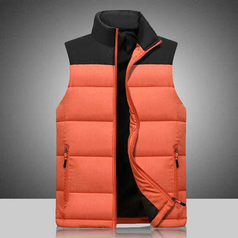 2023 Autumn and Winter Mens Solid Color Zipper Spliced Cardigan Pocket Cotton Tank Top Standing Collar Vest Jacket Fashion TopsXJ241221