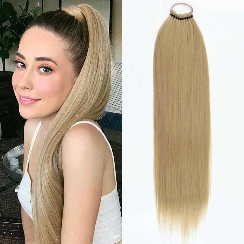 Synthetic Long Straight Ponytail With Elastic Band Wrap Around Straight Ponytail Extension Heat Resistant Pony Tail For WomenXJ241221