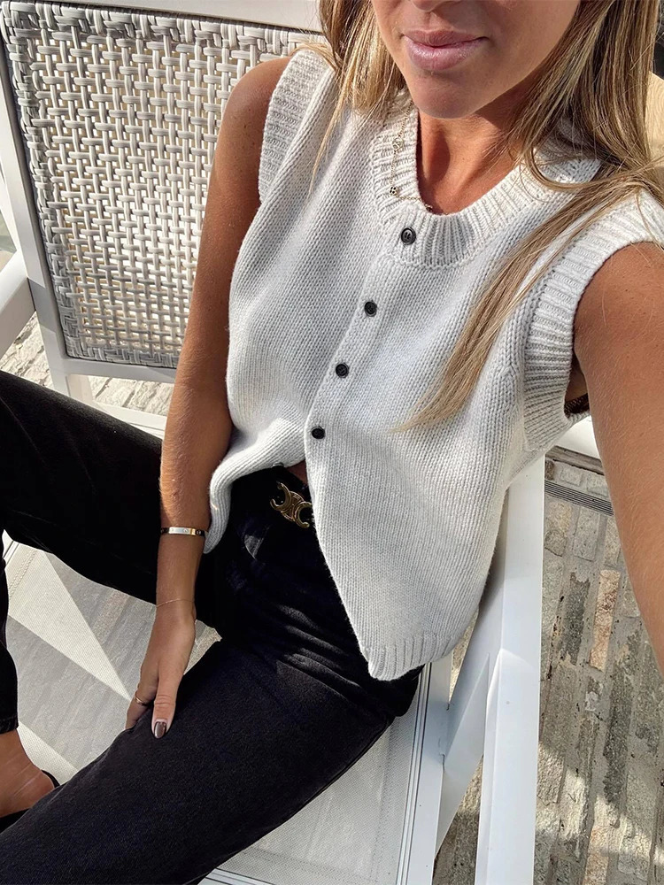 Trendix Knit Vest Women Autumn Street Casual Single Cardigan Tank Tops Femme Solid Trendy Knitwear Sleeveless Sweater Top 241218