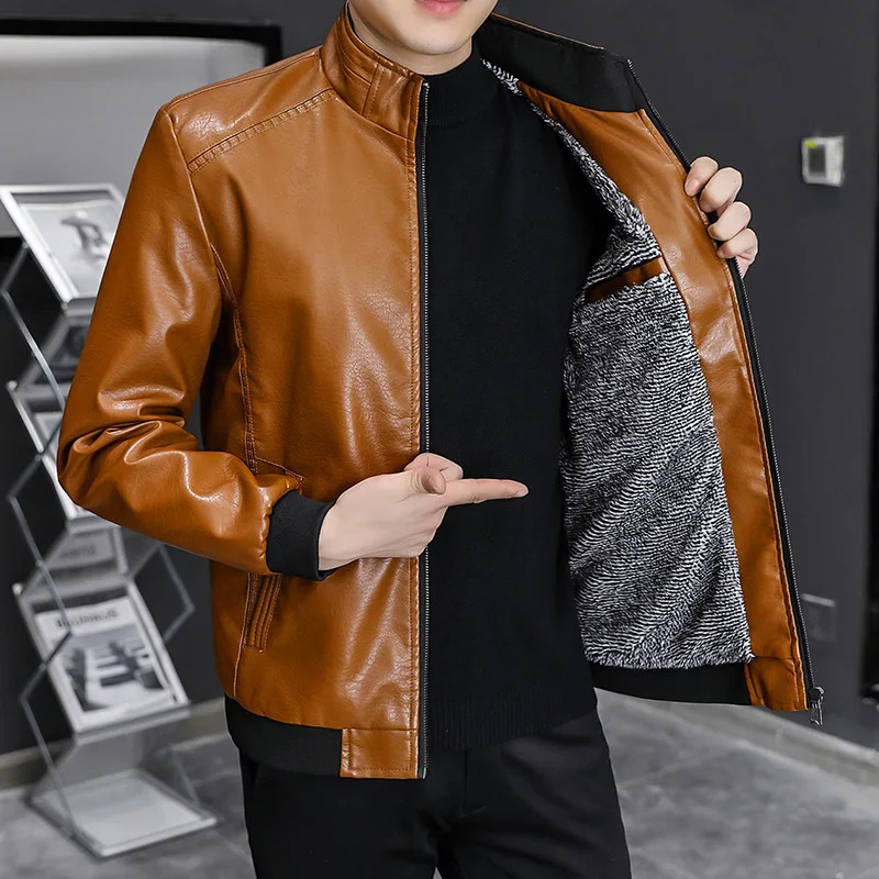 Leather Jacket for Men Autumn and Winter Style Velvet Warm Fashion Trend Korean Style Slim Stand Collar 241216