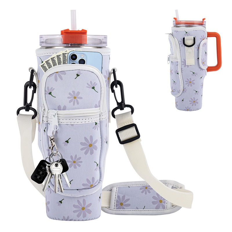 Durable Neoprene Water Bottle Carrier Bag for Tumbler 40 oz with zipper pocket and adjustable Strap water bottle sleeveWLL2487