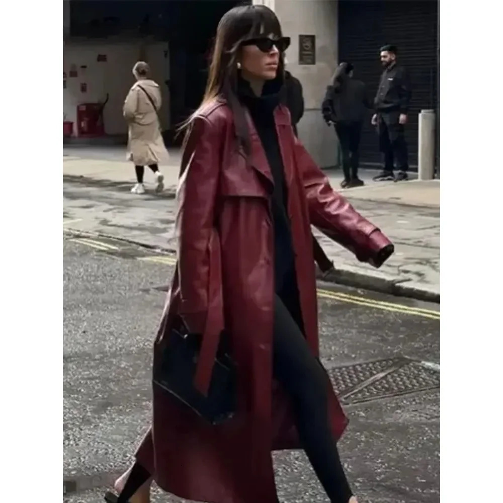 Women Fashion with Belt Long Style Single Breasted Faux Leather Coat Vintage Sleeve Pockets Female Outerwear 241216