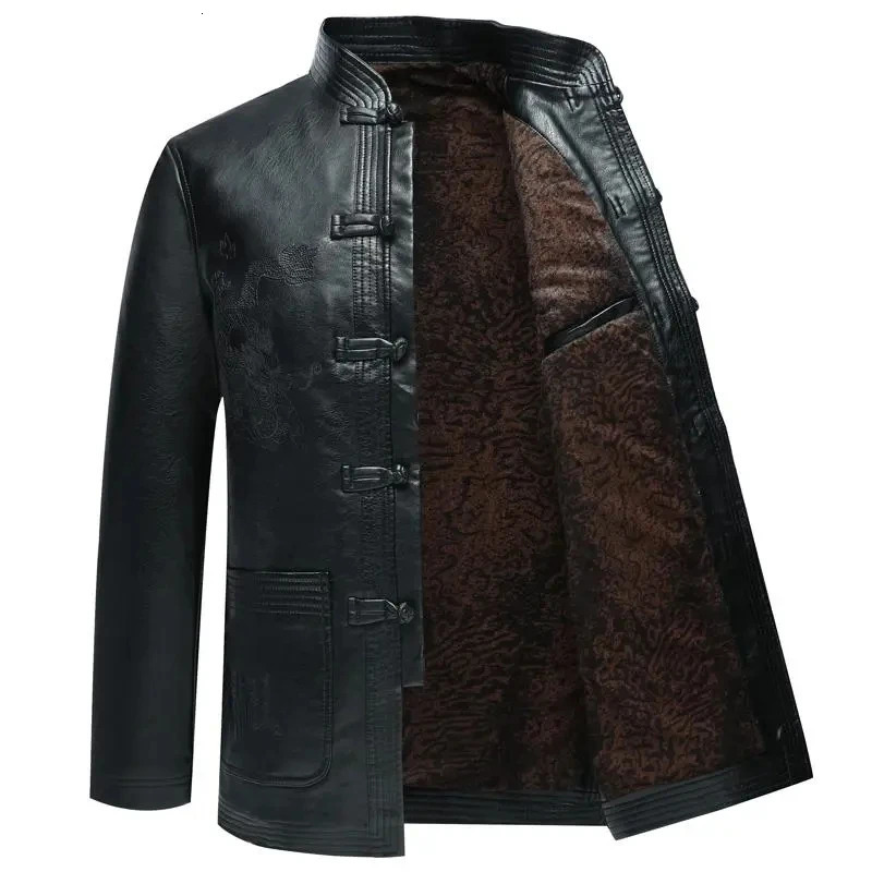 PU Leather Jacket Tang Suit Men Plus Velvet Thick Loose Cotton Coat Winter Stand Collar Casual Disc Buckle Outerwear 241216