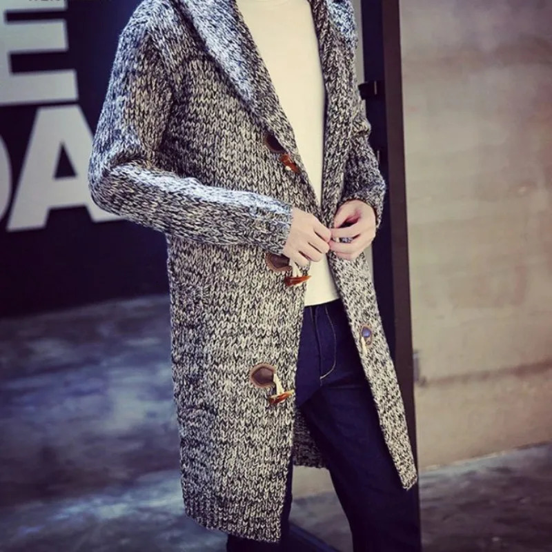 Cardigan Sweater Mens Autumn Winter Mid-length Windbreaker Casual Large Size Hooded Knitted Horn Button Jacket Sweaters 241220