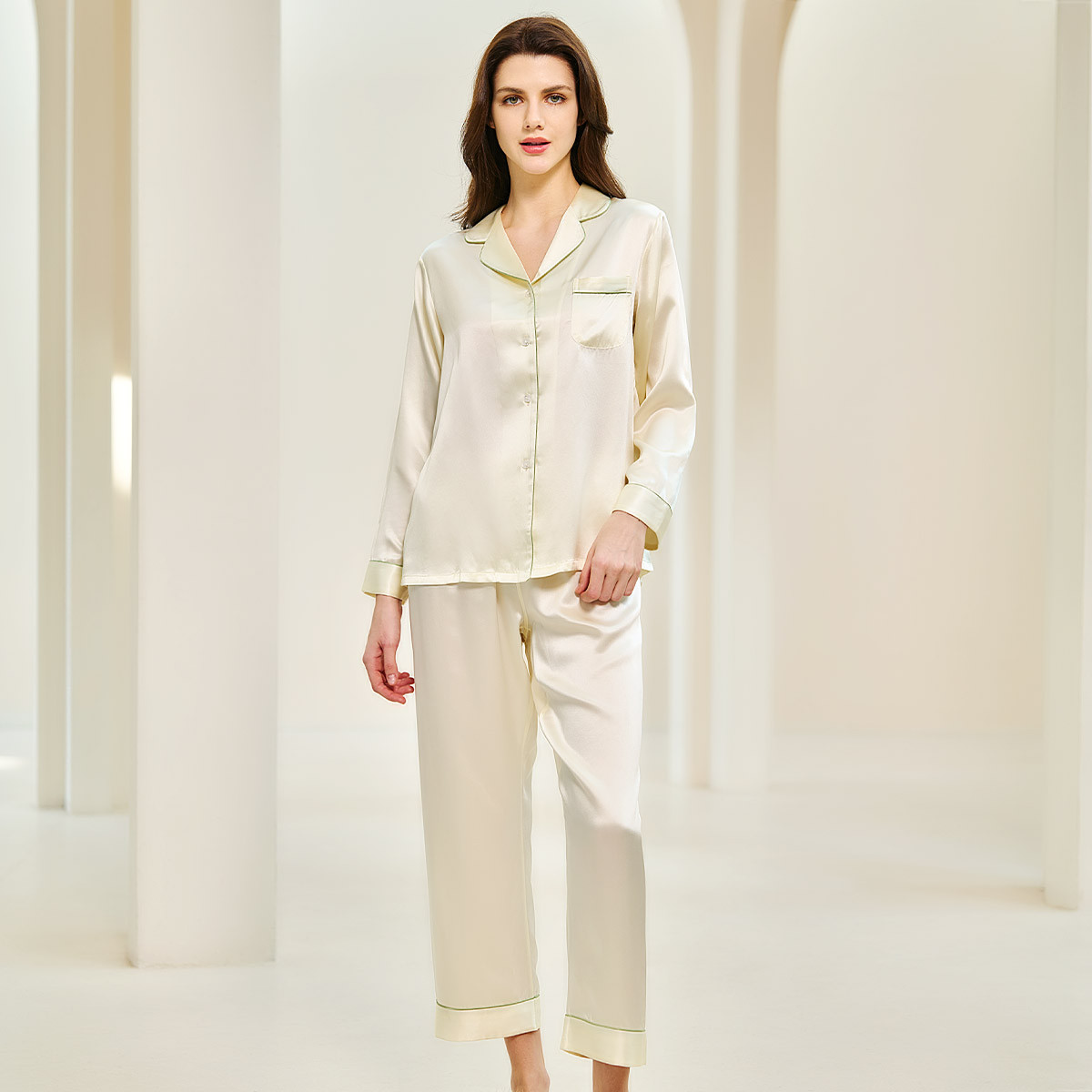 Chic Woman's Silk Pyjamas Ensemble - Luxurious, Breathable Sleeping Wear Featuring Extended Cuffs