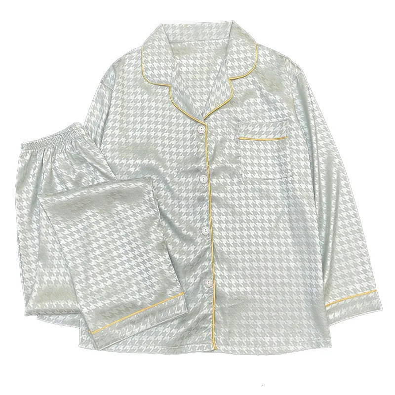 Ice Silk Pajamas Womens Spring Autumn Ins Wind Long-sleeved Sweet Thousand Birds Plaid Loungewear Set Real S Satin Pjs 241217