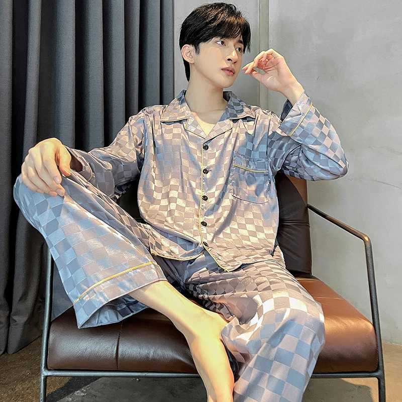 Mens sleepwear set with satin silk large-sized sleepwear spring and autumn sleepwear home clothing plain weave sleepwear large 4X long sleeved evening