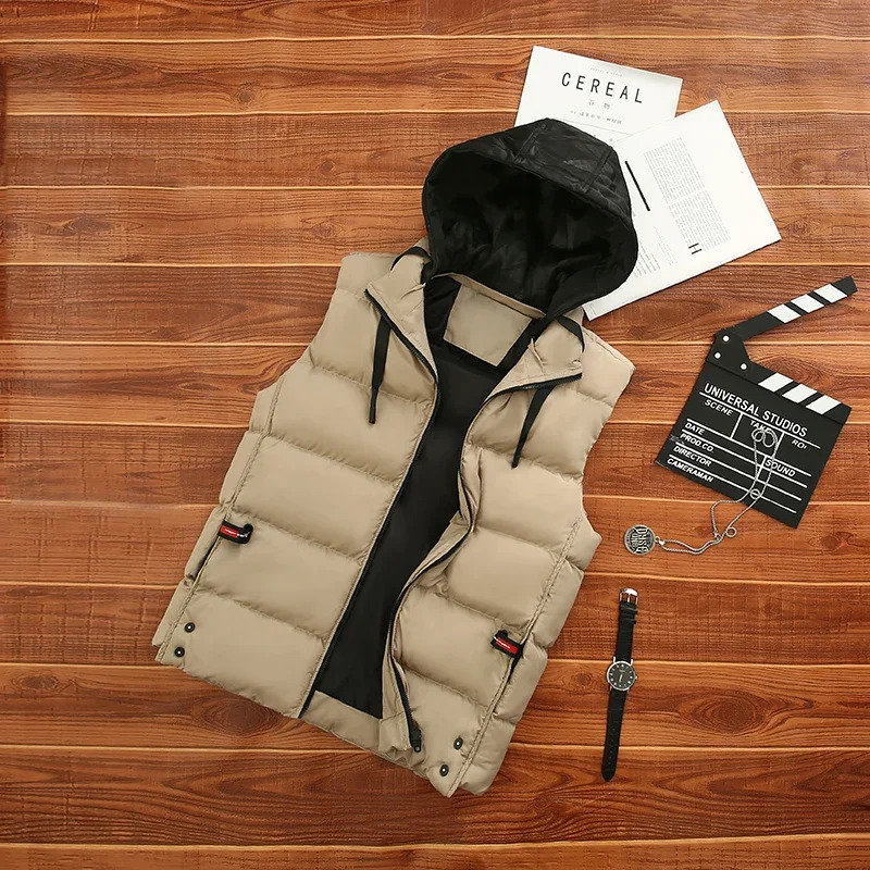 New Winter Men's Fashion Casual Thickened Warm Sleeveless Padded Jacket High Quality Detachable Hooded Down Cotton Vest