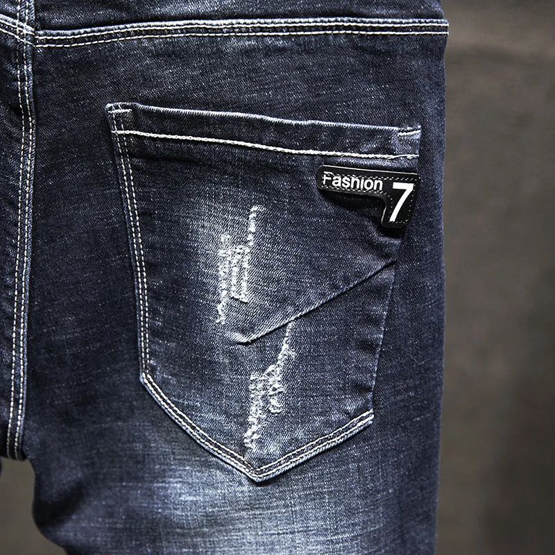 Ripped Jeans Men Slimfit Denim Pants Cotton Korean Style Fashion Elasticity Versatile Blue Black Mens Clothing 241218