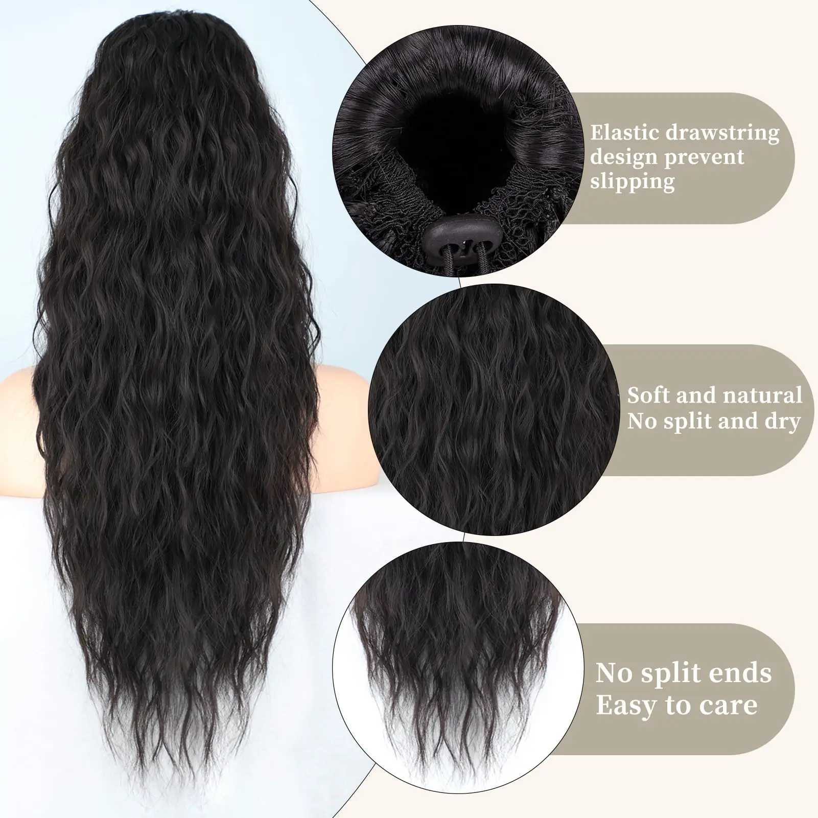 65CM synthetic black drawstring corn wave ponytail extension female curly wavy clip in ponytail hair extension accessoriesXJ241221