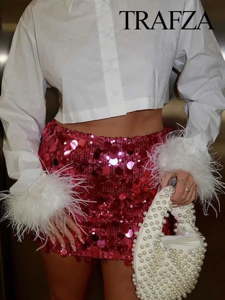 TRZA Skirts For Women Fashion Shiny Sequin Skirt Lady High Waist Sexy Mini Skirt Side Zipper Y2k Woman Ele Solid SkirtXJ241221