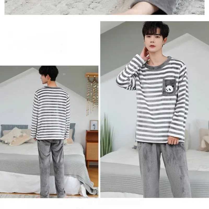 Korean cartoon Kawaii cute bear print pajamas set for mens crew neck stripe design casual home wear autumn and winter cotton pajamas W241221