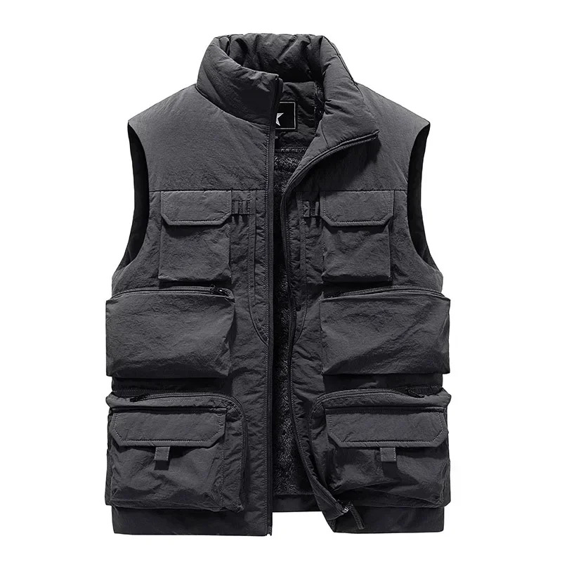 Men's New Keep Warm Fleece Work Slim Fit Windbreaker Fashion Many Pocket Jacket Men Winter Sleeveless Jackets