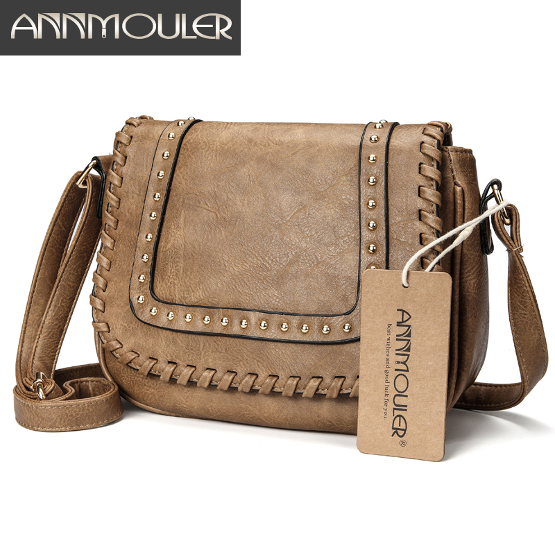 Annmouler Fashion Women Shoulder Pu Leather Crossbody Solid Color Brand Purse Small Khaki Messenger Bag For Ladies