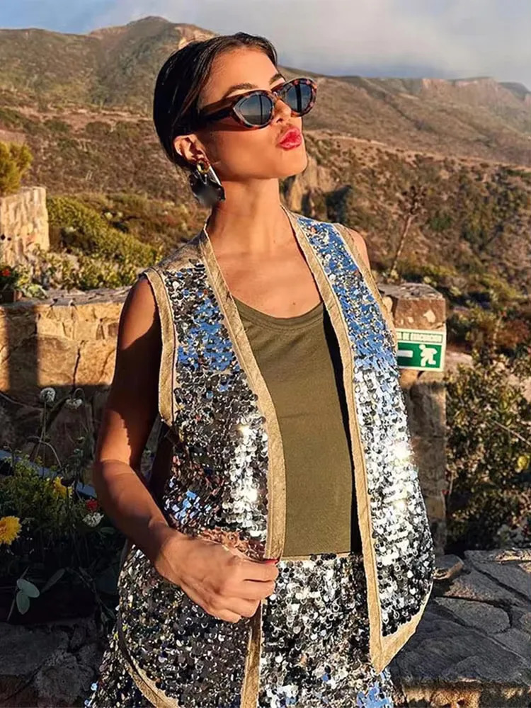 TRAF 2024 Sequin Open Vests for Women Glitter Sleeveless Vest Woman Summer Waistcoat Top Fashion Lady 241220