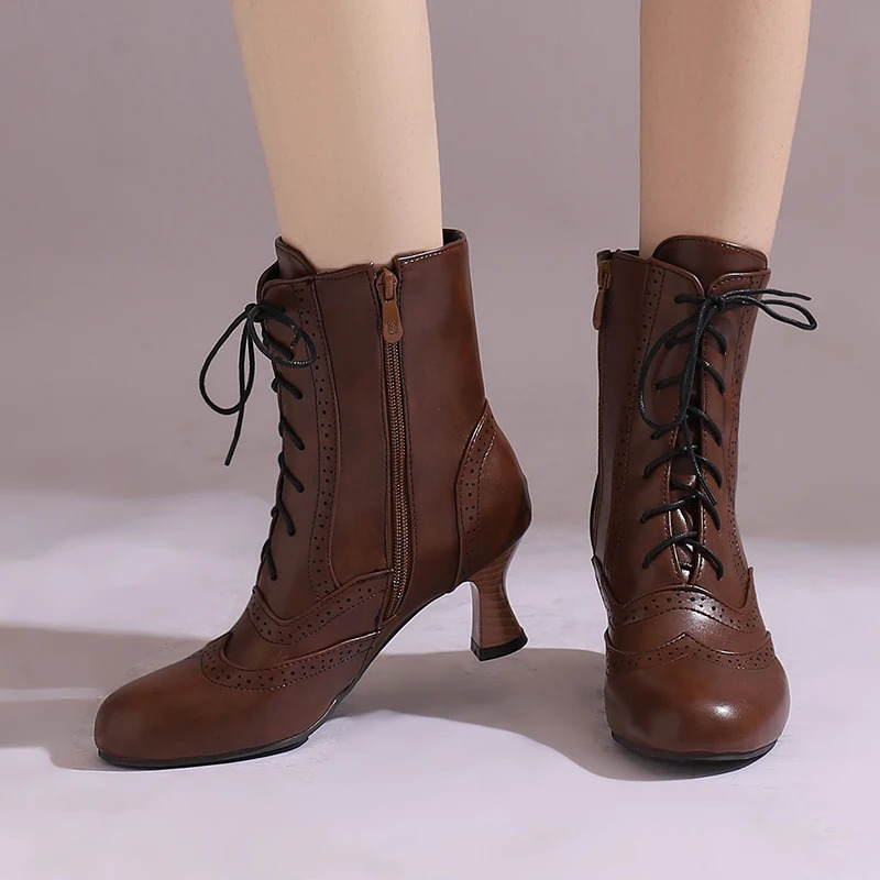 Womens Boots Victorian Retro Ankle Boots Kitten Heels Shoes 2024 Autmn Winter Burning Holes Lace Up Cosplay Shoes 241213