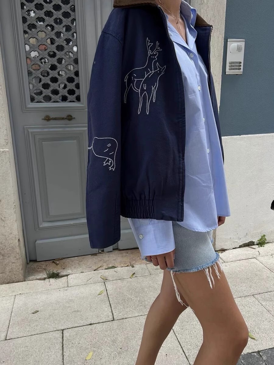 Distressed Embroidered Corduroy Lapel Collar Jacket Single Breasted Long Sleeve Casual Winter Clothes Women