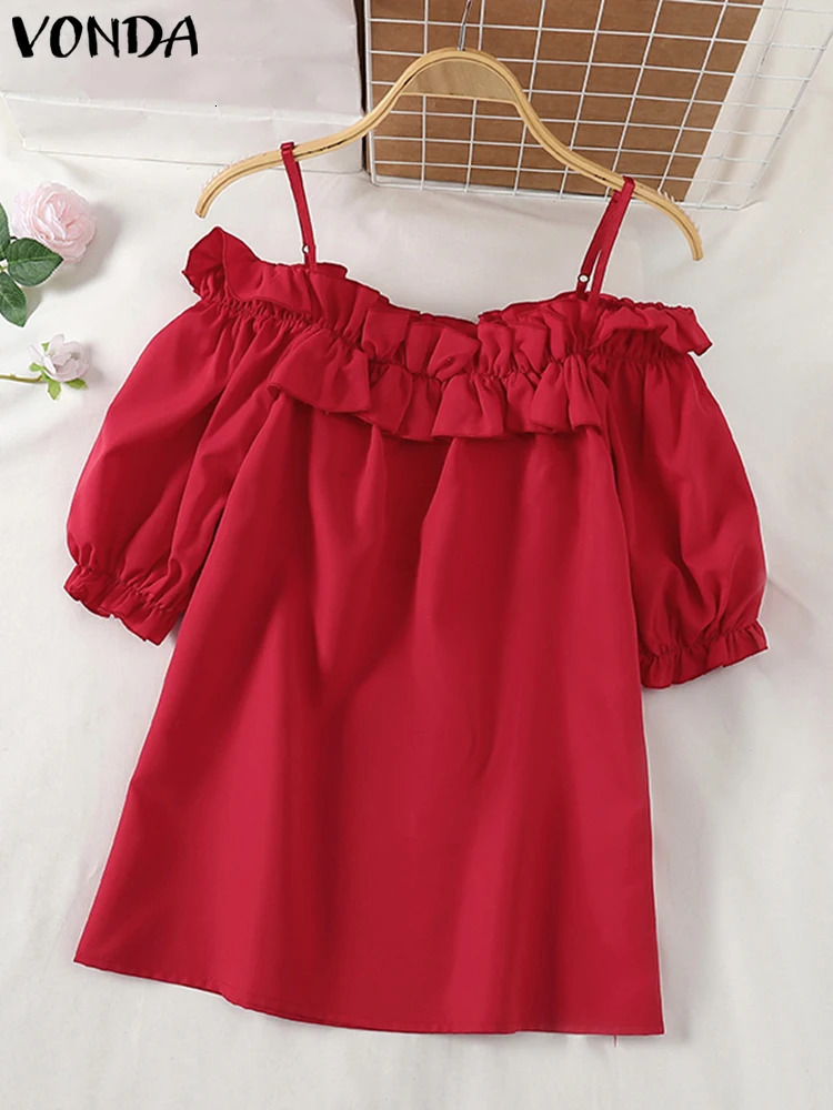 VONDA Fashion Women Blouses Casual Puff Sleeve Ruffled Tops Bohemian Solid Color Blusas Party Off The Shlouder Tunics 241218