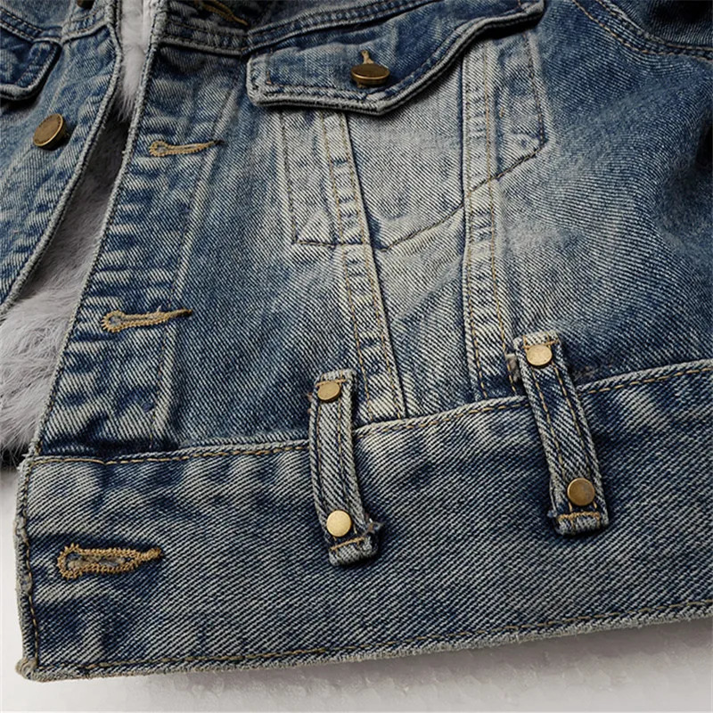 Real Fox Fur Collar Rabbit Hair Liner Denim Jacket Women Casual Cow Outerwear Winter Thick Loose Short Jeans Jacket Female 241220