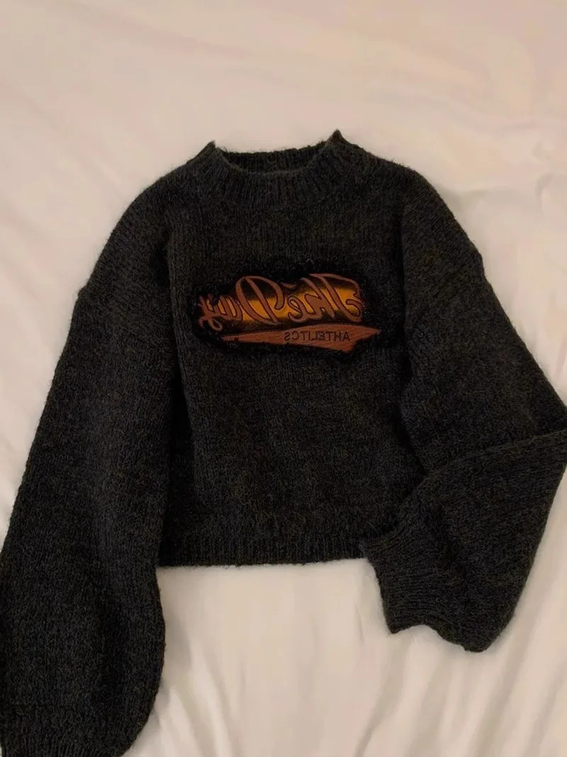 Women Grey Pullover Knitted Sweater Haruku 90S Aesthetic Y2k Long Sleeves Sweaters Fashion Vintage 2000S Clothes Autumn