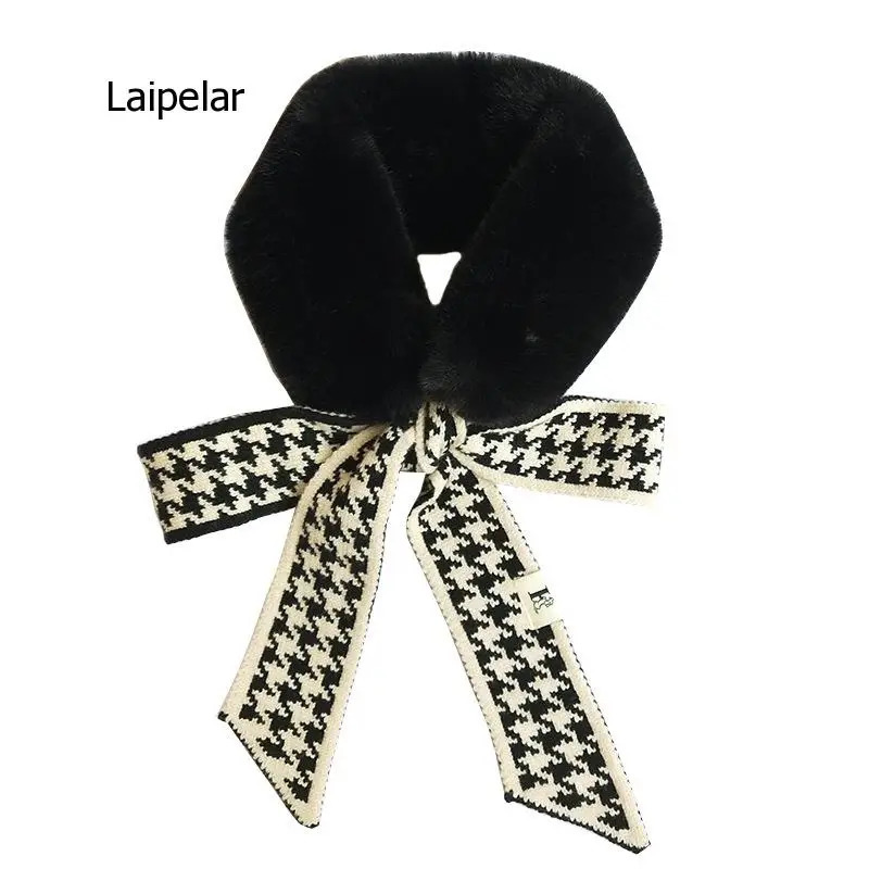 Autumn Winter Houndstooth Fashion Crochet Knitted Scarf Foulard Femme Faux Fur Collar Neck Warmer Scarves for Women 241220