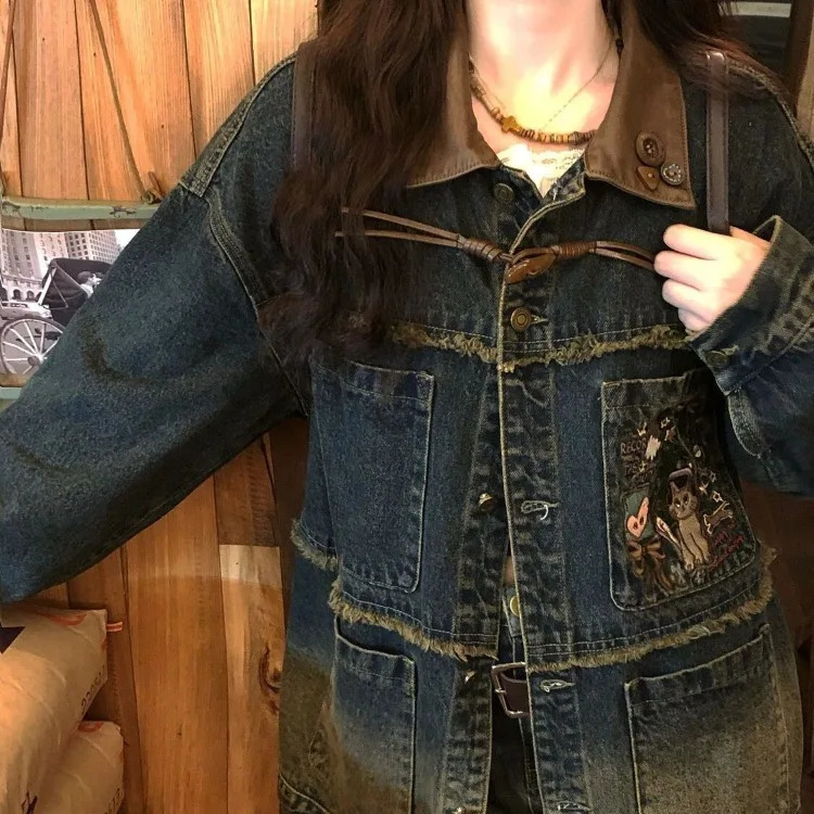 Kawaii Cartoon Embroidered Denim Jacket Retro Washed Collar Top Printless Spring Autumn Long Sleeve Jacket for Women 241219