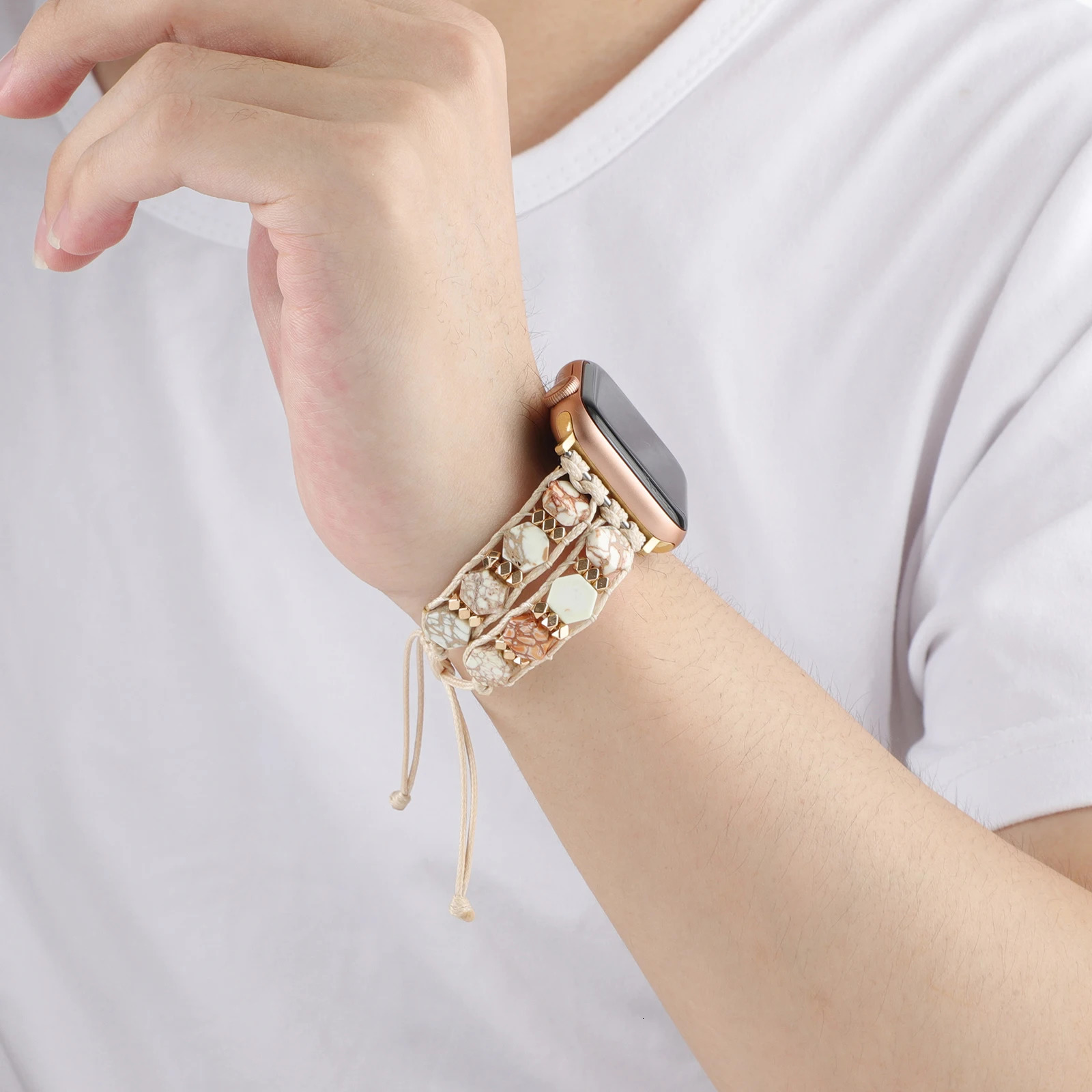 Metal strap for watch band Hexagonal stone bracelet chain iwatch87654321SE Ultra38 40 41 42 44 45 49mm women stretch wrist 241220