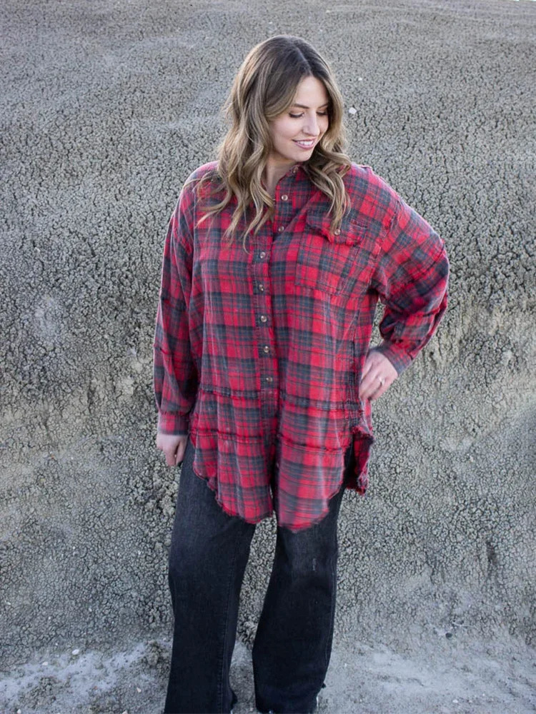 Vintage Oversized Long Shirt Fashion Lapel Womens Blouse Tops Sleeve Plaid Lady 2025 Autumn Women Clothing 241218