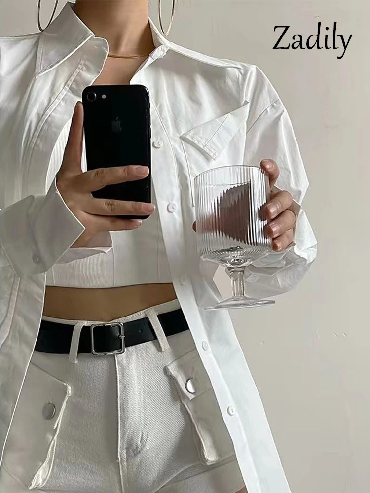 Zadily Summer In Streetwear Long Sleeve White Shirt Women Minimalist Pocket Button Up Ladies Tunic Blouse Female Tops 241218