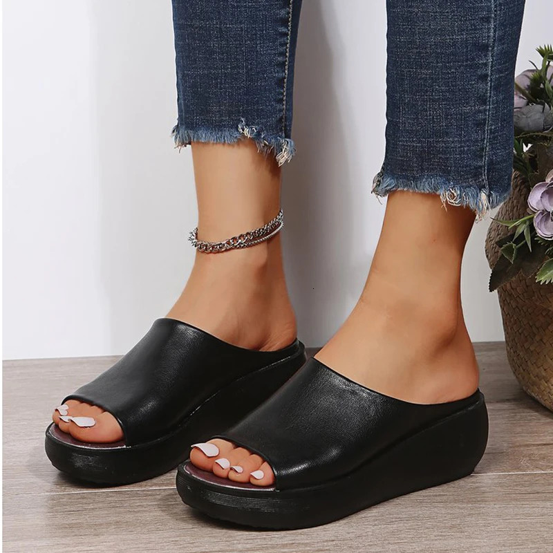 Women White Sandals Summer 2024 New Retro Wedge With Fish Mouth High Heels Thick Bottom Women's Shoes Large Size 44