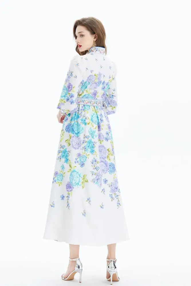 New Women Dresses Casual Court Style Drseses Women 2025 Early Spring Autumn New Palace Flower Print Dress Long Sleeved Beach Waist Wrap Chic Vestidos