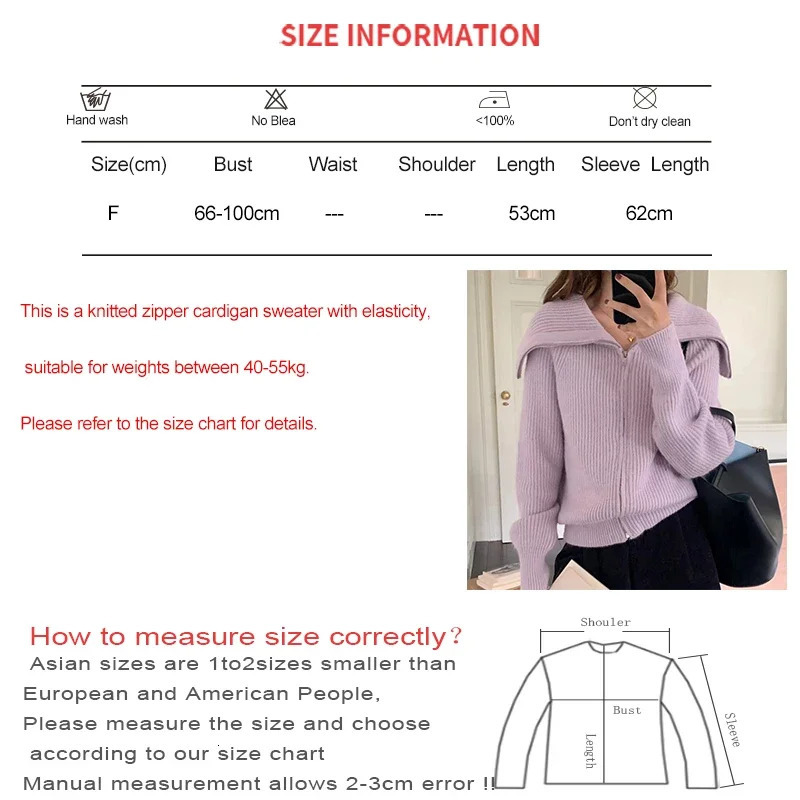 EVNISI Autumn Winter Women Turndown Collar Solid Knit Loose Casual Sweater Zipper Cardigan Warm Long Sleeve Office Coat 241220