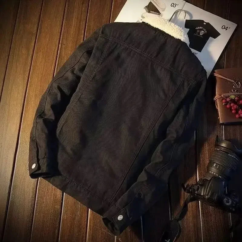 American Vintage Loose-fit Denim Jacket Lamb Wool Fleece Lining Casual Style For Men Trendy Autumn Winter Japanese Workwear 241216