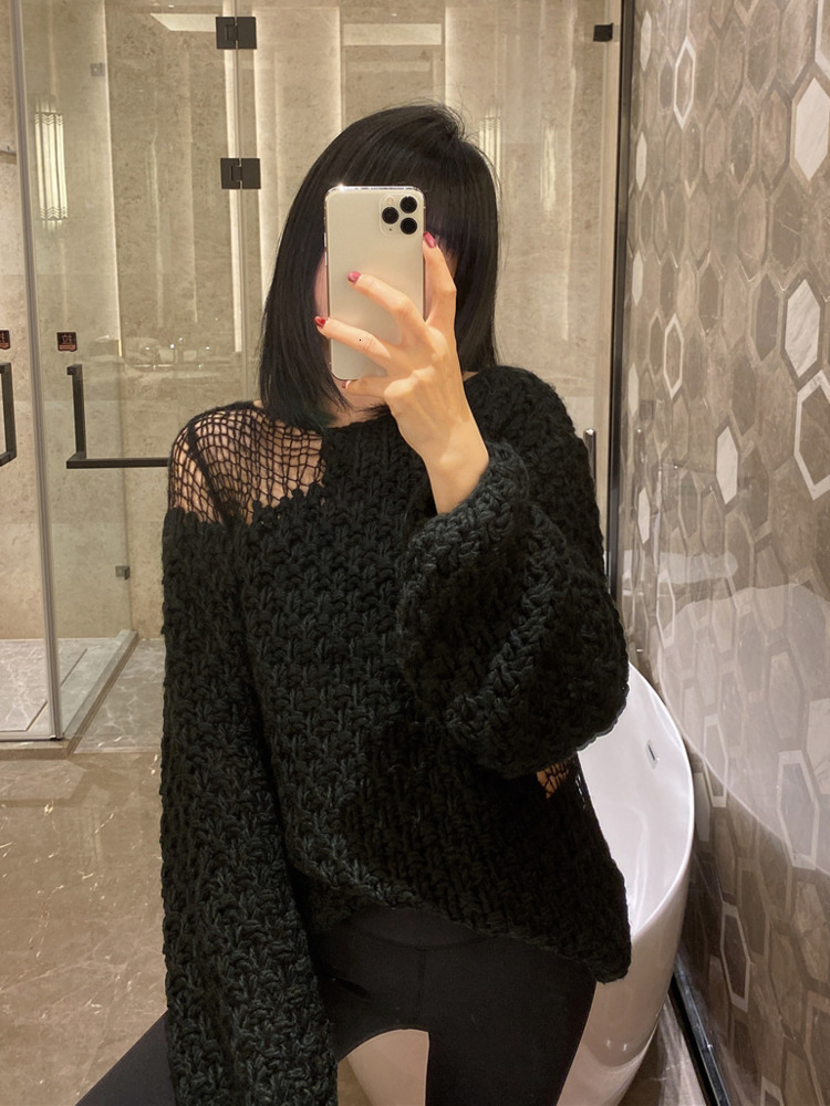 SHENGPALAE Fashion Chic Hollow Out Sweater Women's Autumn 2024 New Round Neck Loose Long Sleeve Knitted Pullovers Female 5E3541