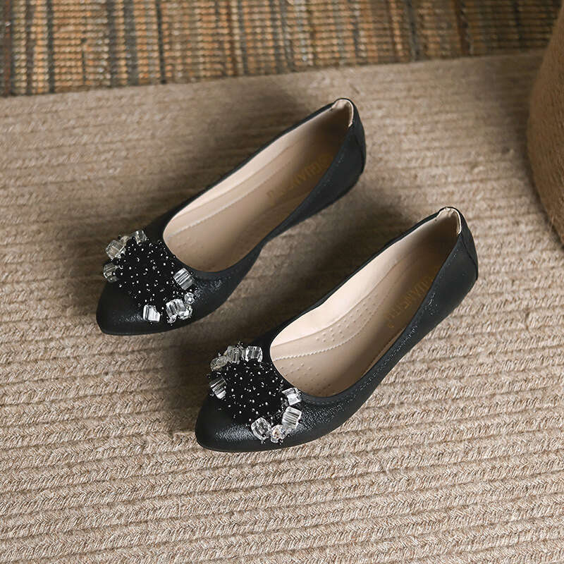 Bowknot Ballet Flats Chicken Rolls Mom Soft Sole Large Women's Rhinestone Beaded Single Shoes 40-43