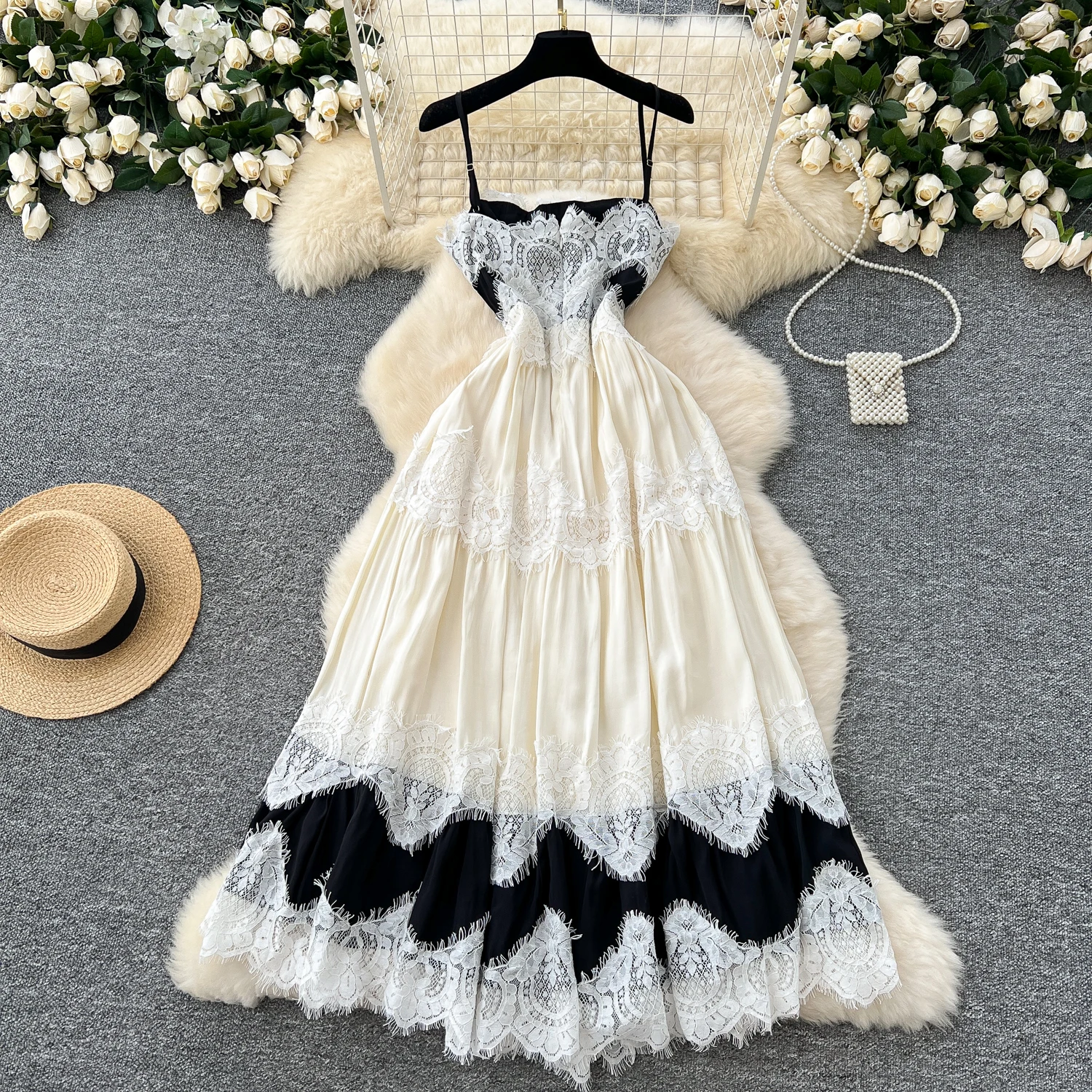 French Chic Vestidos De Fiesta Slash Neck Spaghetti Strap Vintage Dress Women Lace Patchwork Dresses Summer Dropshipping 2025