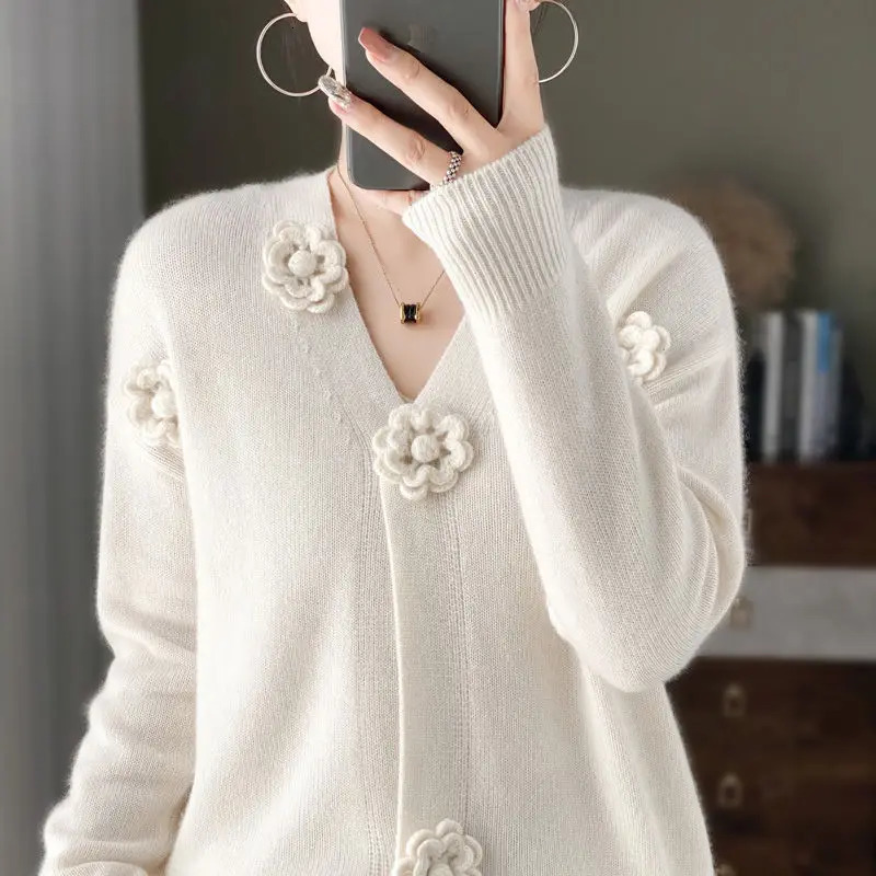 Autumn Winter Vneck Threedimensional Hook Flower Knitted Cardigan Womens Embroidered Sweater Jacket Loose Top 241220