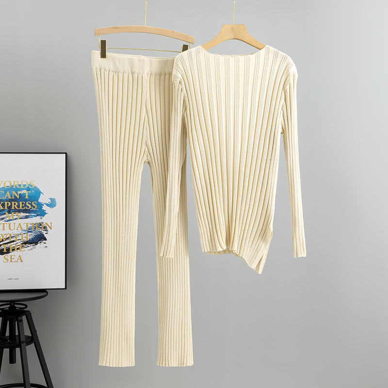 new Spring Summer Women Knitted Top Sets Fashion Causal Hollow Out Sweater Elastic Waist Pants Suits
