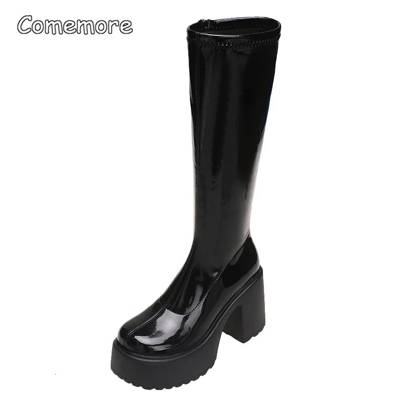 Comemore Black Patent Leather Knee High Heels Womens Winter Thick High Heels Platform Womens Boots 241213