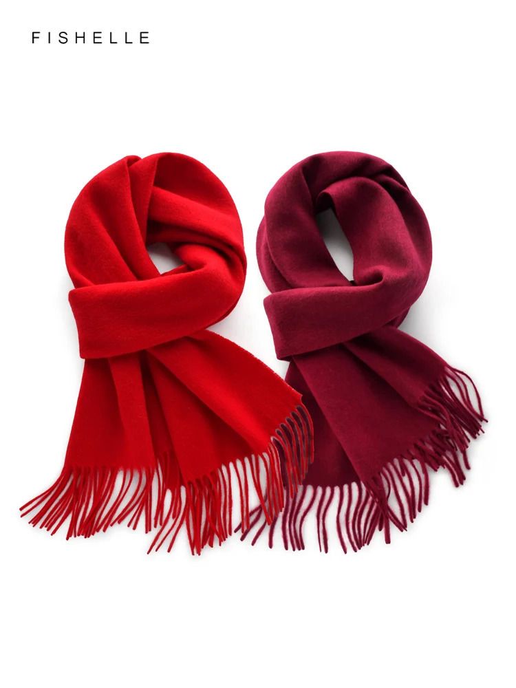 Red claret pure 100% wool scarf for womens thin warm shawl winter solid color wine red men scarves years gift 241220