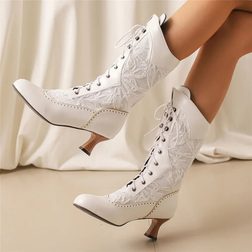 Retro cube high-heeled womens boots Victoria toe mid calf boots with strange steampunk high heels on lace purple shoes 2024 edition 241213