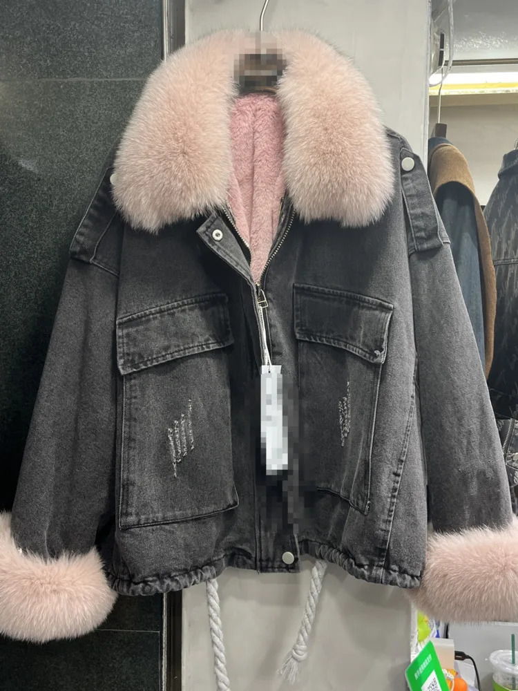 DFDG Autumn And Winter Simple And Fashionable Zipper Fur With Thick Velvet Detachable Denim Jacket For Women 241217