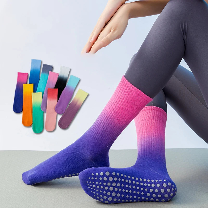 3 pairs of womens yoga socks gradient cotton anti slip Pilates socks grip crew breathable mid pipe dance ballet fitness socks 241219