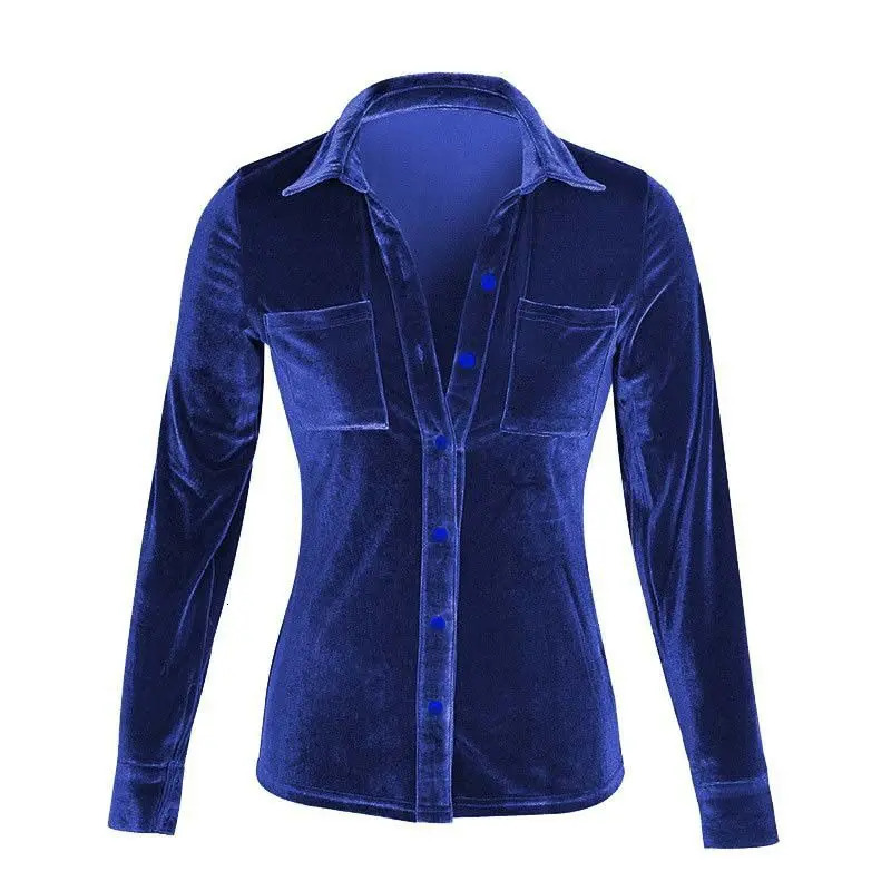 Shirt for Women Autumn Velvet Button Up Velour Ladies Pocket Winter Long Sleeve 241218
