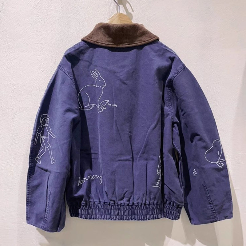 Distressed Embroidered Corduroy Lapel Collar Jacket Single Breasted Long Sleeve Casual Winter Clothes Women